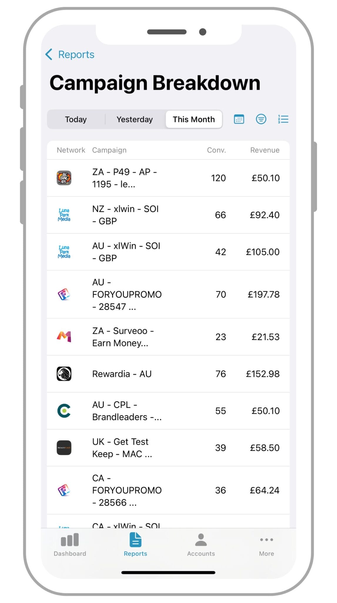 Affiliate Stats Campaign Breakdown - Mobile App Screenshot