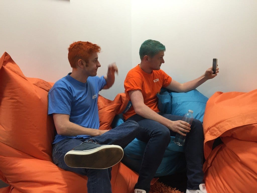 Wes and Matt taking a selfie with coloured hair