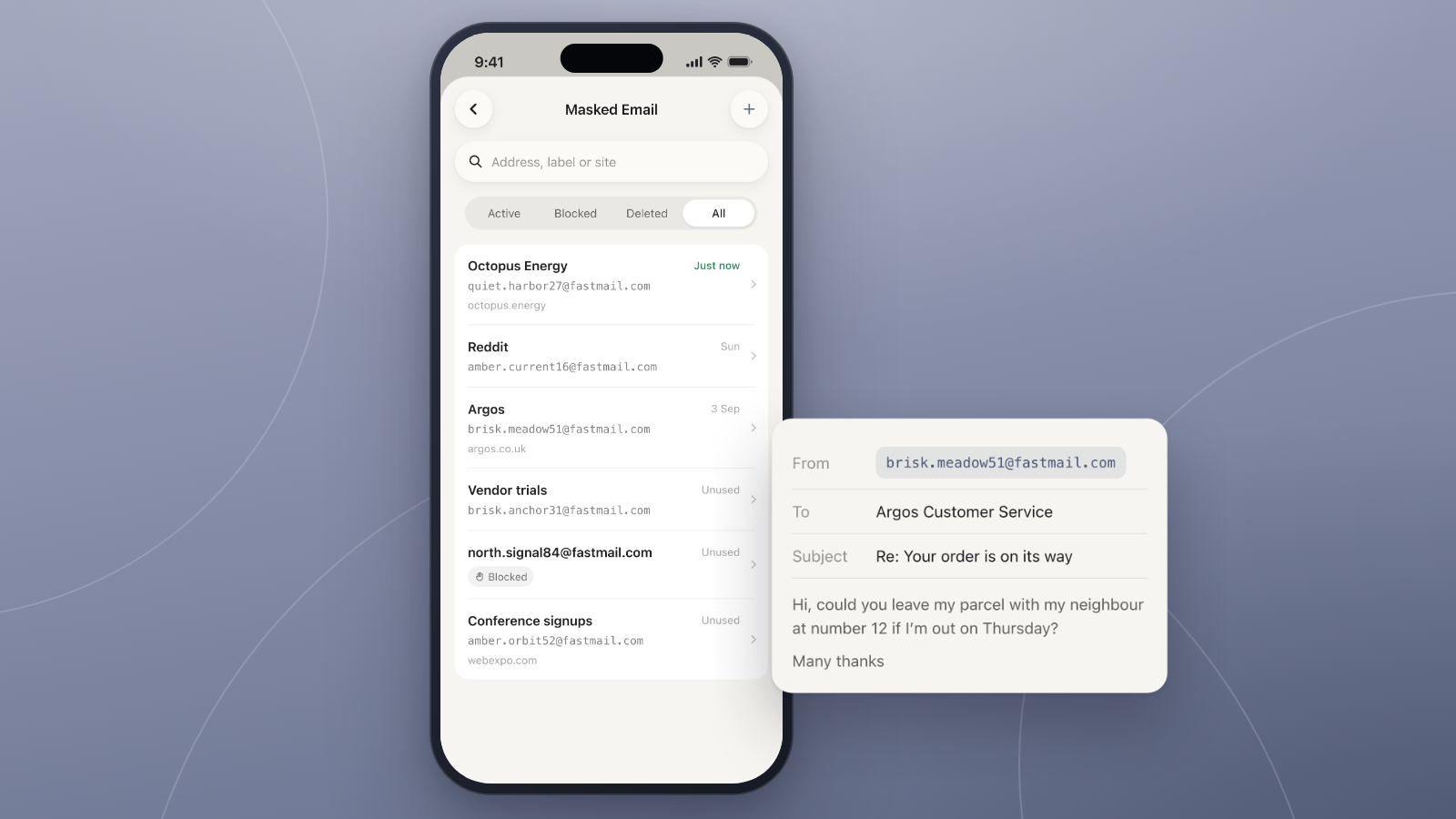 Screenshot of the WMail app's Masked Email feature