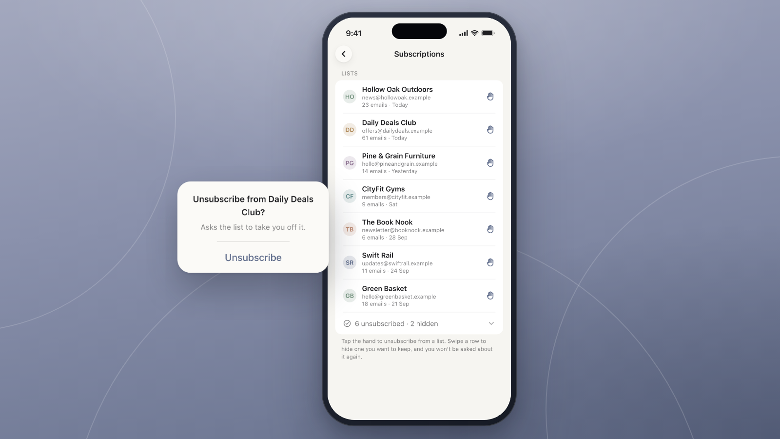 Screenshot of the WMail app's Mass Unsubscribe feature