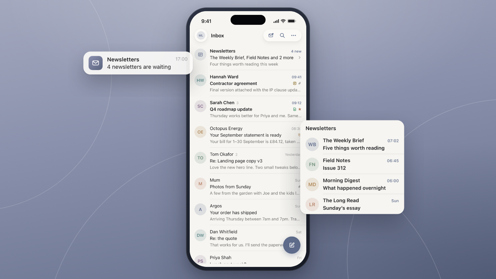 Screenshot of the WMail app's Newsletter Bundles feature