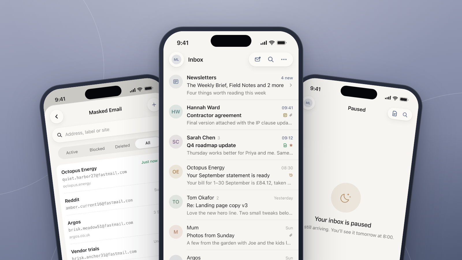 3 screenshots of the WMail app
