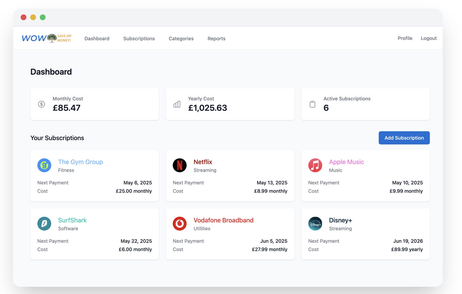 WOW Save My Money Account Dashboard